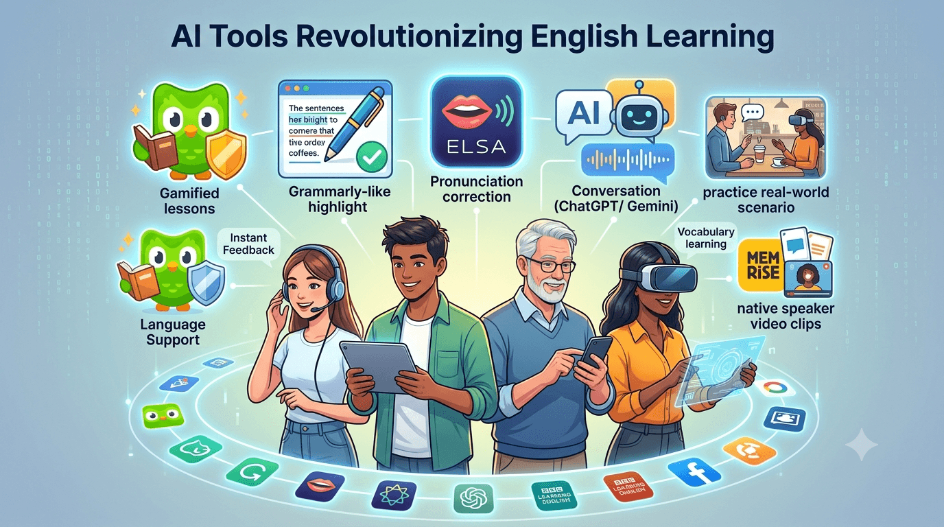 AI Tools for Learning English including ChatGPT, Duolingo, Grammarly, ELSA Speak, Gemini and Memrise helping students improve speaking, grammar and pronunciation