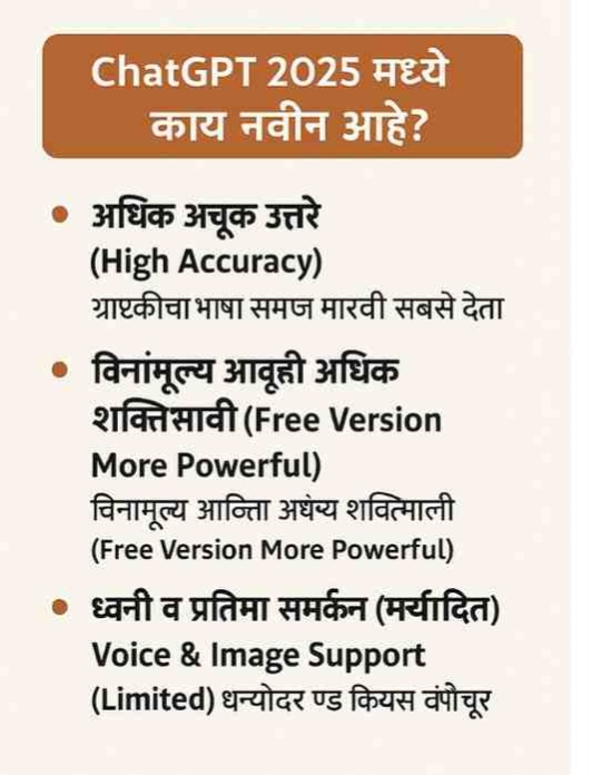 " ChatGPT 2025 हे सर्वात शक्तिशाली Free AI Tool आहे. विद्यार्थ्यांपासून ब्लॉगर्सपर्यंत सर्वांसाठी उपयुक्त. संपूर्ण माहिती मराठीत वाचा."