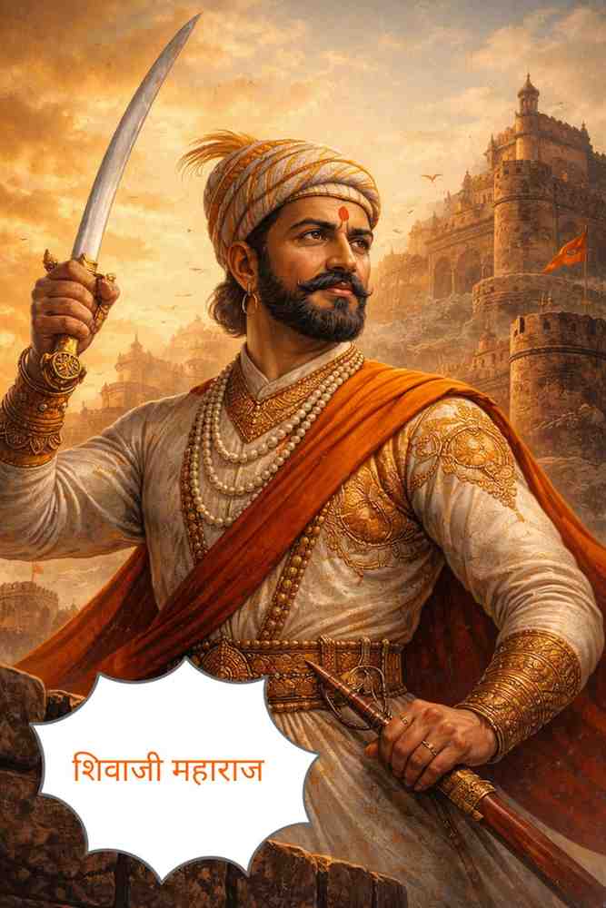 तलवार हातात धरलेले छत्रपती शिवाजी महाराज किल्ल्याच्या पार्श्वभूमीत उभे असलेले ऐतिहासिक शैलीतील डिजिटल चित्र.