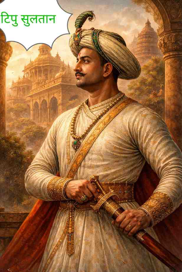तलवार हातात धरलेले टिपू सुलतान मैसूरच्या राजवाड्याच्या पार्श्वभूमीत उभे असलेले ऐतिहासिक शैलीतील डिजिटल चित्र.