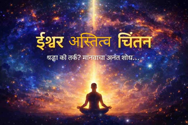 ईश्वर अस्तित्व चिंतन : ध्यानस्थितीत पद्मासनात बसलेली व्यक्ती आणि आकाशात चमकणारे ब्रह्मांडीय प्रश्नचिन्ह – आत्मचिंतन व जीवनाच्या अर्थाचा आध्यात्मिक शोध दर्शवणारी प्रतिमा