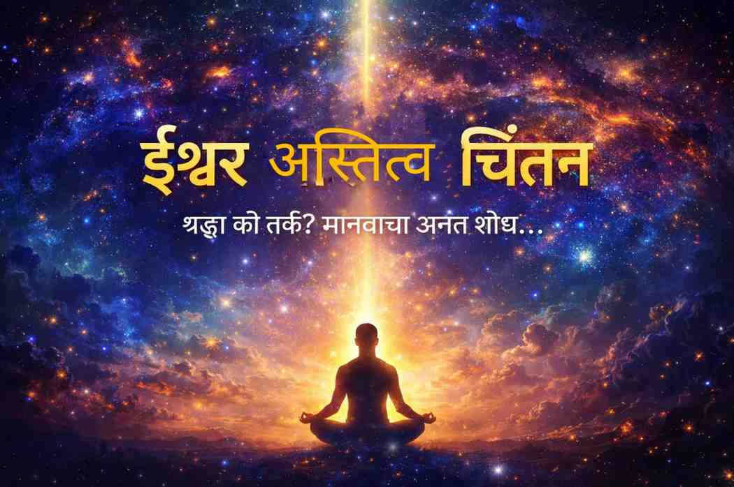 ईश्वर अस्तित्व चिंतन : ध्यानस्थितीत पद्मासनात बसलेली व्यक्ती आणि आकाशात चमकणारे ब्रह्मांडीय प्रश्नचिन्ह – आत्मचिंतन व जीवनाच्या अर्थाचा आध्यात्मिक शोध दर्शवणारी प्रतिमा