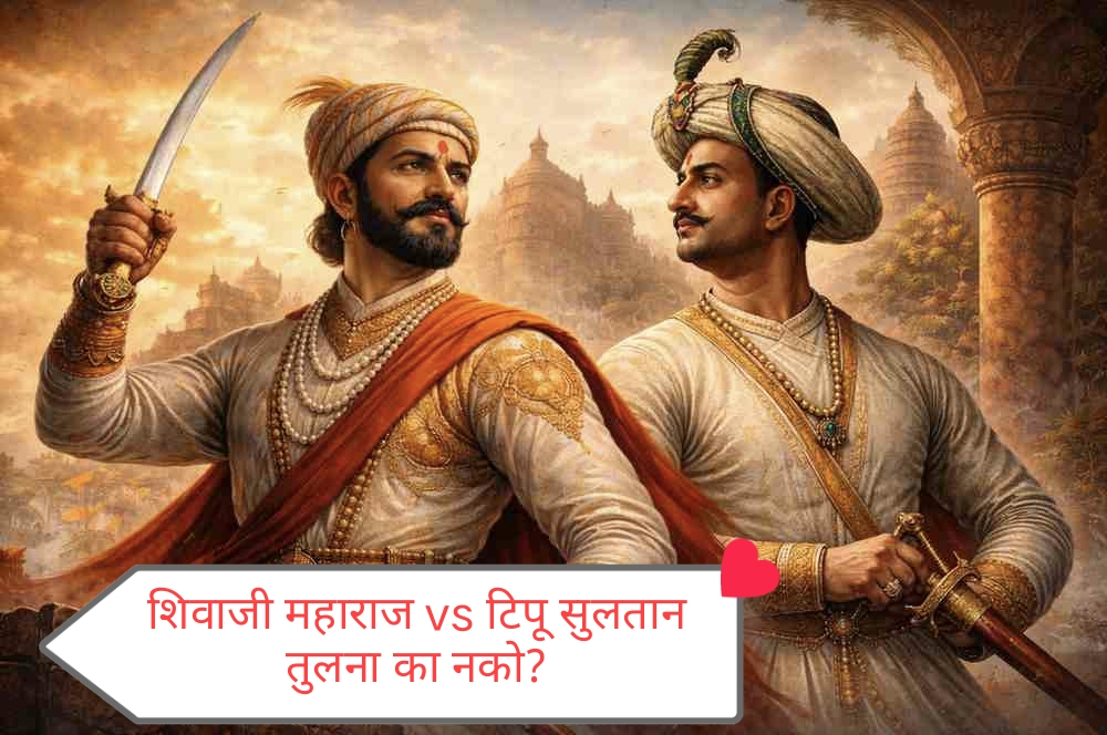 छत्रपती शिवाजी महाराज आणि टिपू सुलतान यांची ऐतिहासिक शैलीतील चित्ररचना, स्वराज्य आणि मैसूर साम्राज्याच्या संदर्भातील तुलना दर्शवणारी प्रतिमा.
