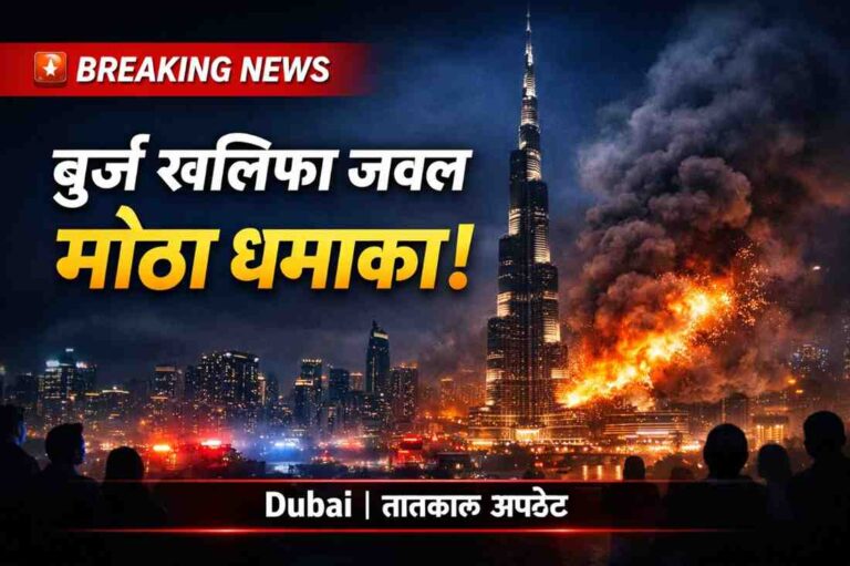 बुर्ज खलिफा दुबई परिसरात मोठा धमाका ब्रेकिंग न्यूज ग्राफिक