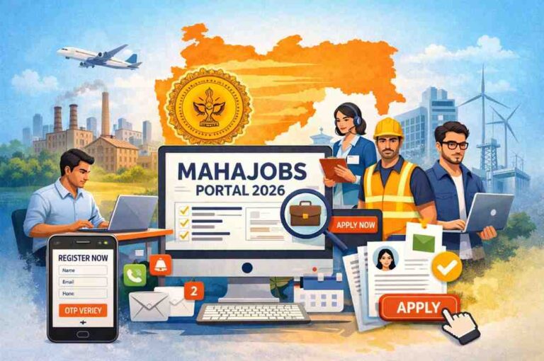 MahaJobs Portal 2026 महाराष्ट्रातील नोकरीसाठी ऑनलाइन नोंदणी आणि अर्ज प्रक्रिया दर्शविणारी डिजिटल प्रतिमा