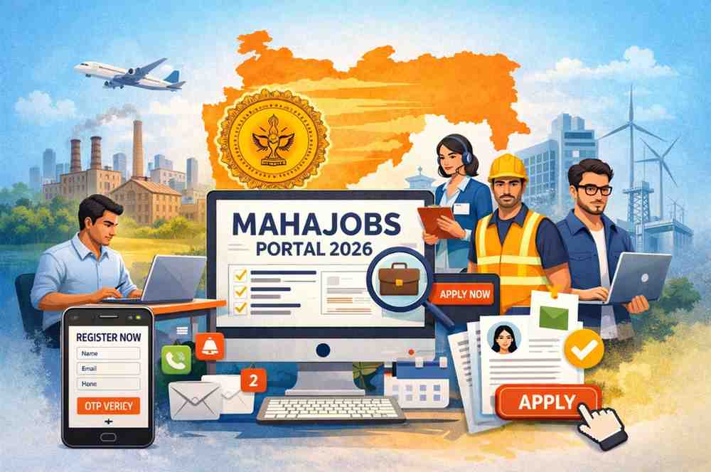 MahaJobs Portal 2026 महाराष्ट्रातील नोकरीसाठी ऑनलाइन नोंदणी आणि अर्ज प्रक्रिया दर्शविणारी डिजिटल प्रतिमा