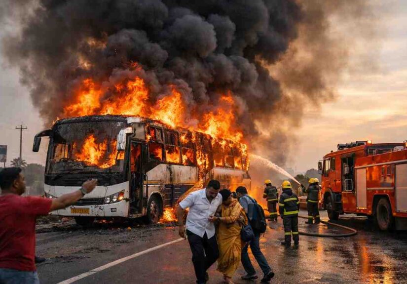 Ranjangaon MIDC bus fire on Pune Ahmednagar highway 27 passengers safe