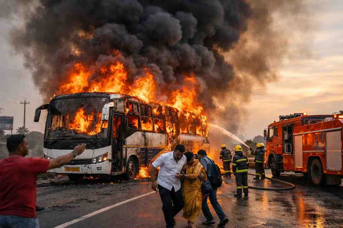 Ranjangaon MIDC bus fire on Pune Ahmednagar highway 27 passengers safe