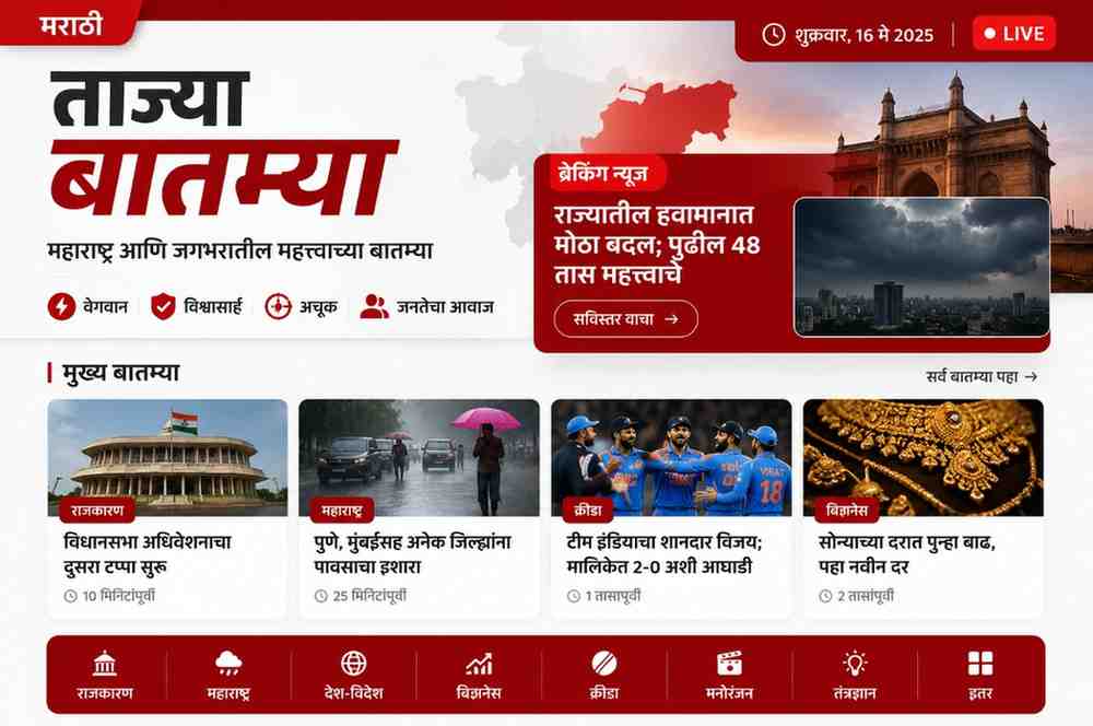 मराठी ताज्या बातम्या न्यूज वेबसाइट होमपेज डिझाईन – महाराष्ट्र, राजकारण, हवामान, क्रीडा आणि व्यवसाय बातम्या