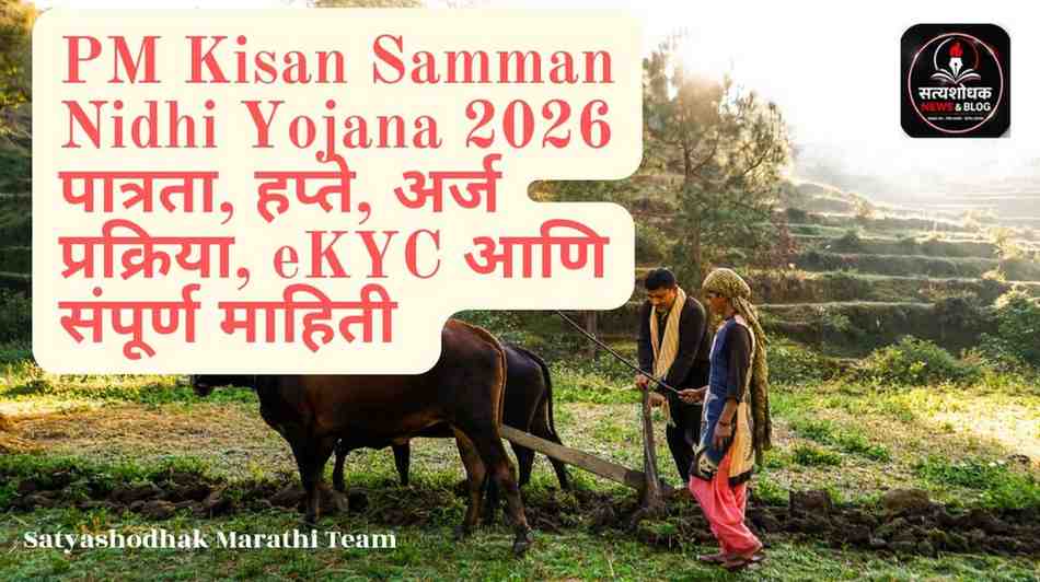 PM Kisan Samman Nidhi Yojana 2026 ची माहिती देणारे मराठी पोस्टर, शेतकरी आणि शेतीचे दृश्य