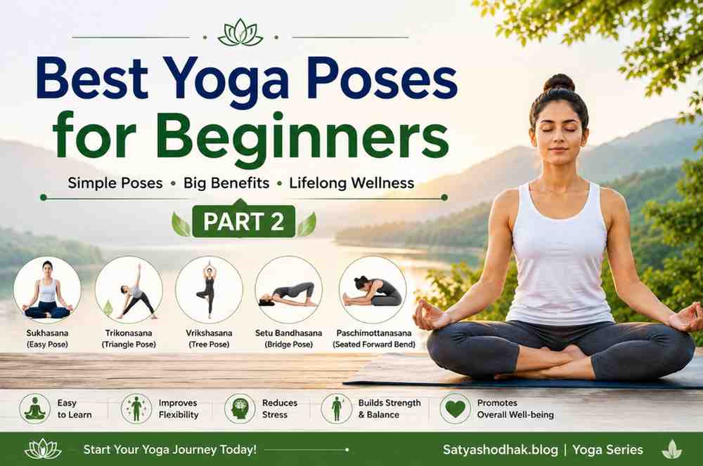 Best Yoga Poses for Beginners (Part 2) featuring Sukhasana, Paschimottanasana, Trikonasana, Setu Bandhasana, and Vrikshasana.
