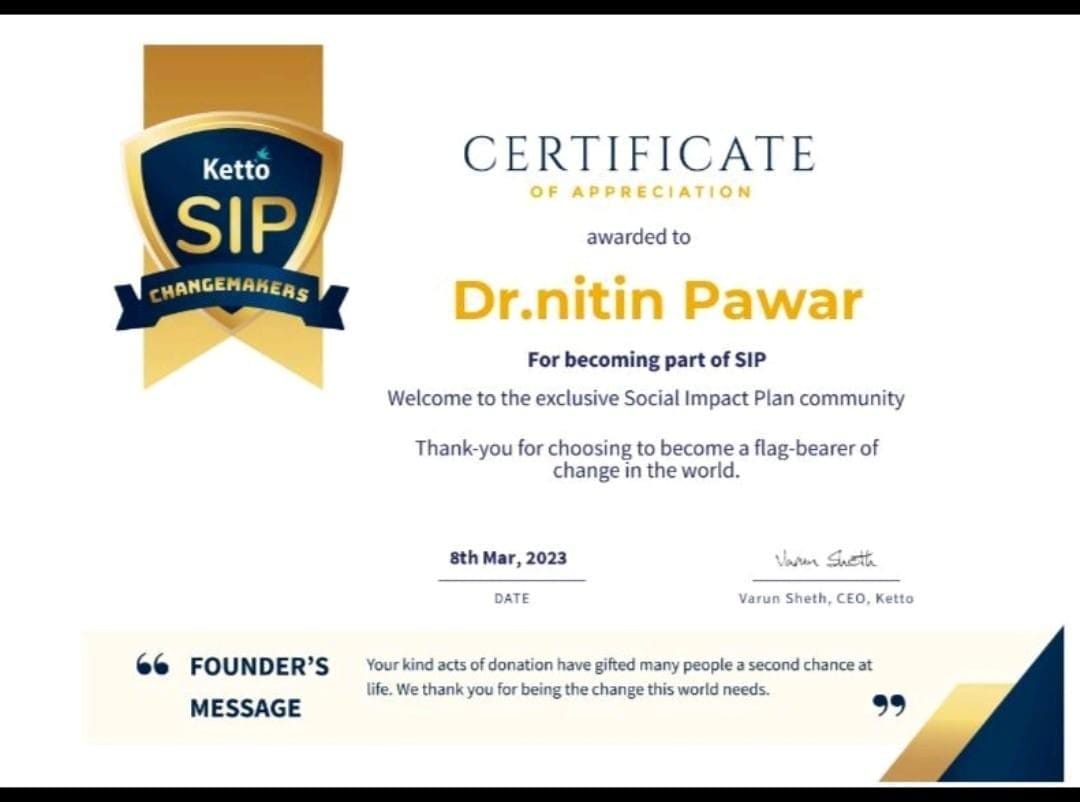 Dr Nitin Pawar Ketto SIP Achievement Certificate of Appreciation 2023