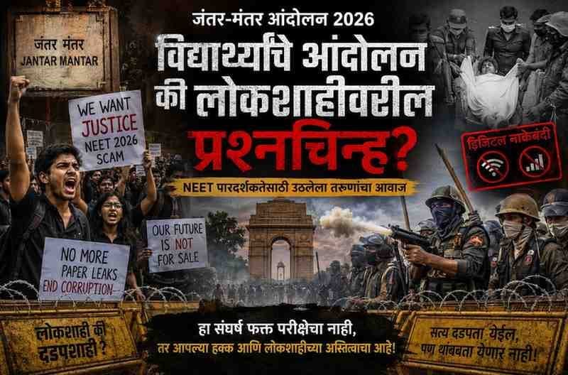 Jantar Mantar Protest 2026 : Jantar Mantar NEET Protest 2026 featured image showing student protesters, police barricades, India Gate, and questions about democracy in India.