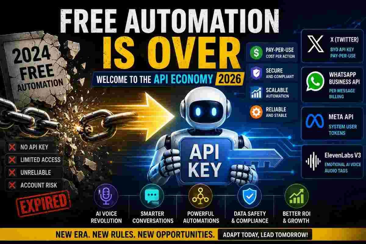 AI Automation 2026 concept showing the end of free automation, API Economy, AI robot holding an API key, and platforms like X, WhatsApp, Meta, and ElevenLabs.