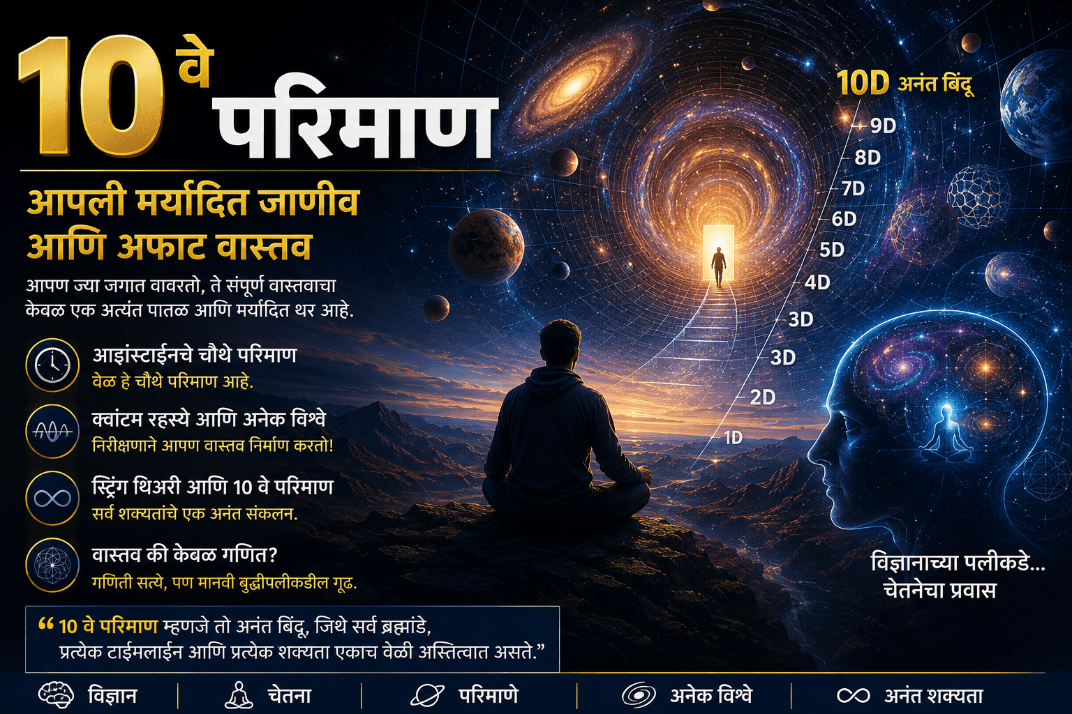 10 th Dimension : 10 वे परिमाण (10th Dimension), स्पेस-टाईम, क्वांटम मेकॅनिक्स, स्ट्रिंग थिअरी आणि बहुआयामी विश्व दर्शविणारे चित्र