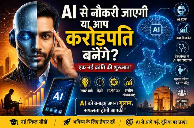 AI Jobs Future – AI से नौकरियां, करियर, बिजनेस अवसर और भारत में आर्टिफिशियल इंटेलिजेंस की नई क्रांति पर आधारित चित्र।