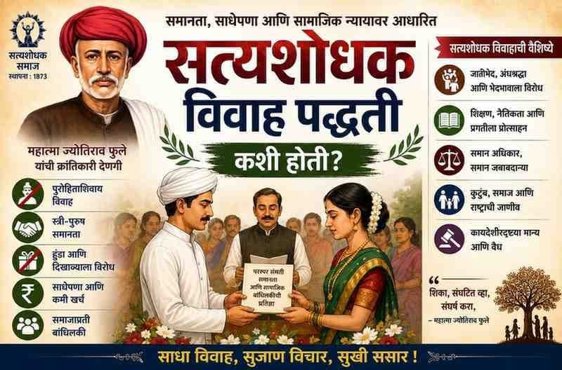 Illustration of Satyashodhak Marriage featuring Mahatma Jyotirao Phule, a bride and groom taking equality vows, and key principles such as simplicity, gender equality, and opposition to dowry and caste discrimination.