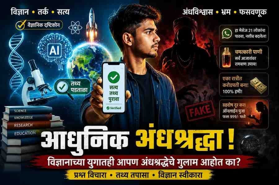 Modern Superstitions – विज्ञान, तर्क आणि सत्य विरुद्ध आधुनिक अंधश्रद्धा, सोशल मीडिया अफवा, बनावट चमत्कार आणि वैज्ञानिक दृष्टिकोन दर्शवणारी फीचर्ड प्रतिमा.