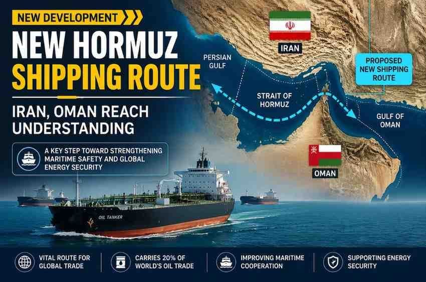 New Hormuz Shipping Route map showing Iran and Oman agreement through the Strait of Hormuz