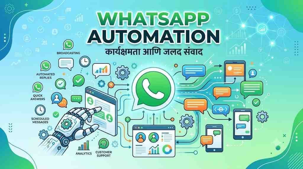 WhatsApp Automation, WhatsApp Business API, Auto Reply, Broadcast Messaging, CRM Integration आणि व्यवसाय ऑटोमेशन दर्शवणारे चित्र.