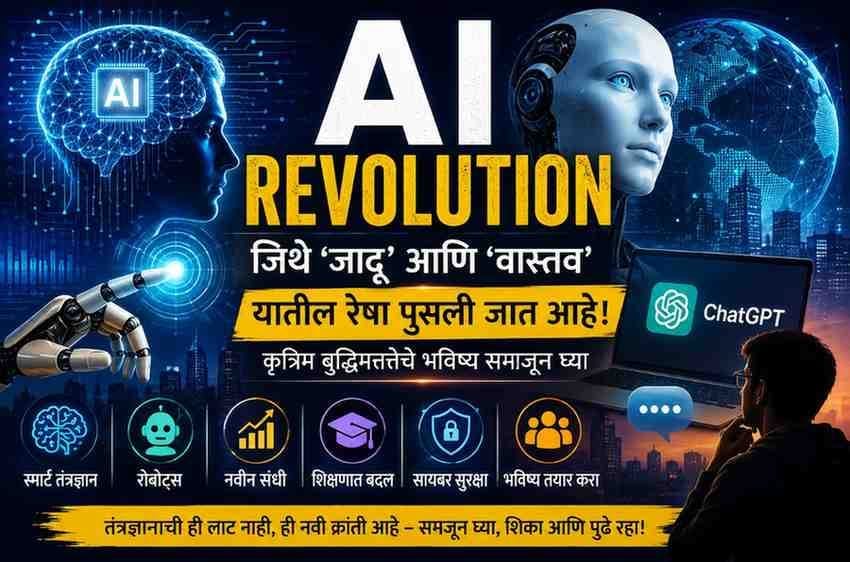 AI Revolution featured image showing Artificial Intelligence, ChatGPT, humanoid robot, AI brain and future technology in Marathi.