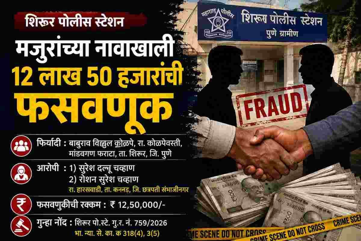 Shirur Crime Worker Cheated:शिरूर पोलीस स्टेशन हद्दीत मजूर पुरवण्याच्या नावाखाली 12 लाख 50 हजार रुपयांची फसवणूक